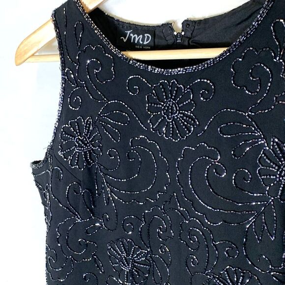 Vintage 90s JMD New York Black Floral Beaded Sleeveless Dressy Top Size L - Picture 3 of 13